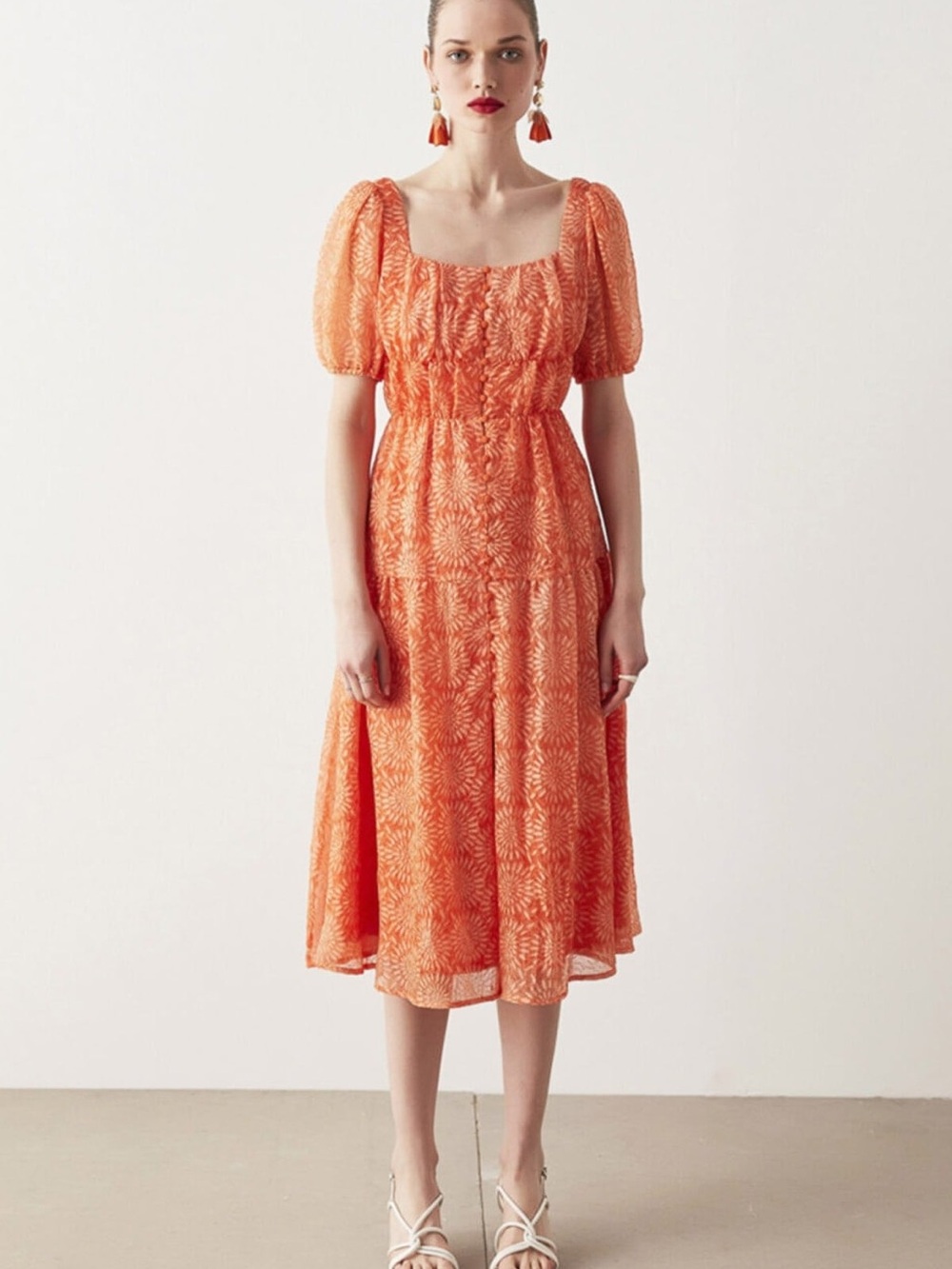 Ipekyol Orange Raised Floral Puff-Sleeve Square-Neck Button Midi Dress Size 4